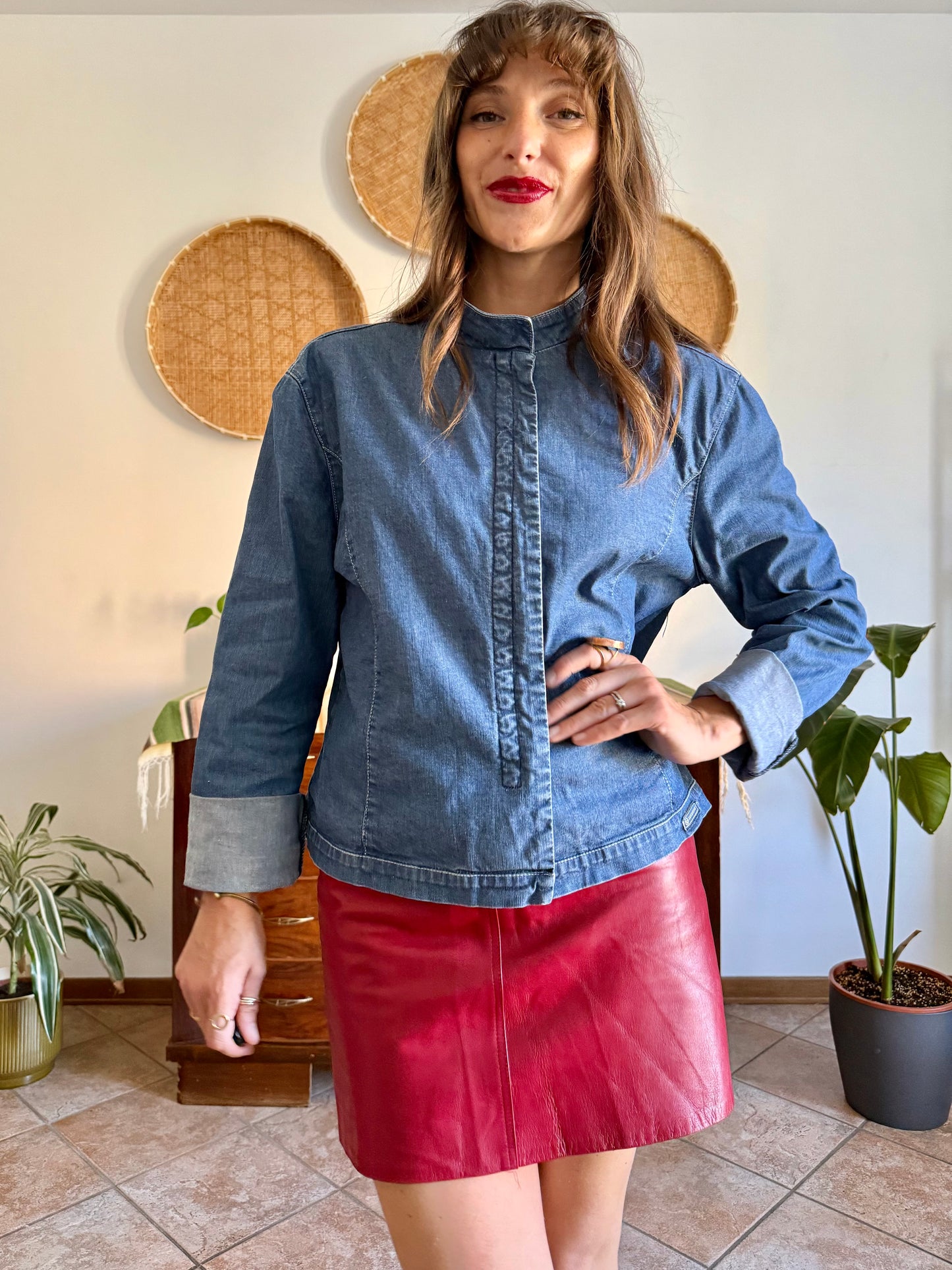 Y2k vintage dark blue denim hook and eye closure denim shirt