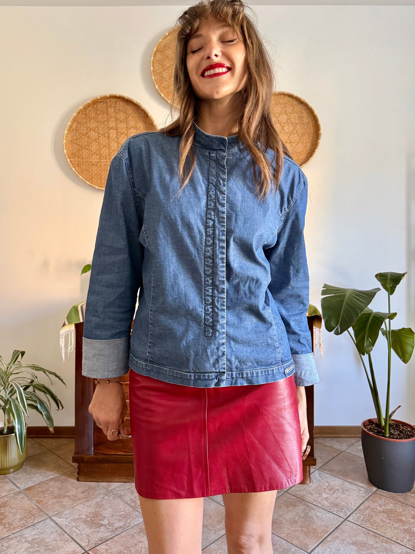 Y2k vintage dark blue denim hook and eye closure denim shirt