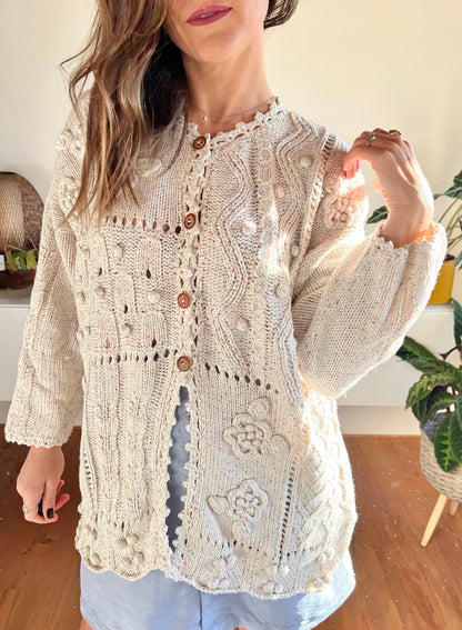 1970's vintage cream knit cream cardigan with rainbow speckles and 3d knot flowers