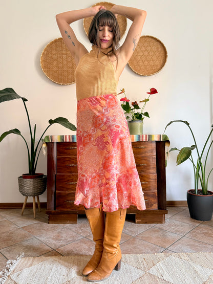 Y2k vintage pink and orange paisley midi skirt