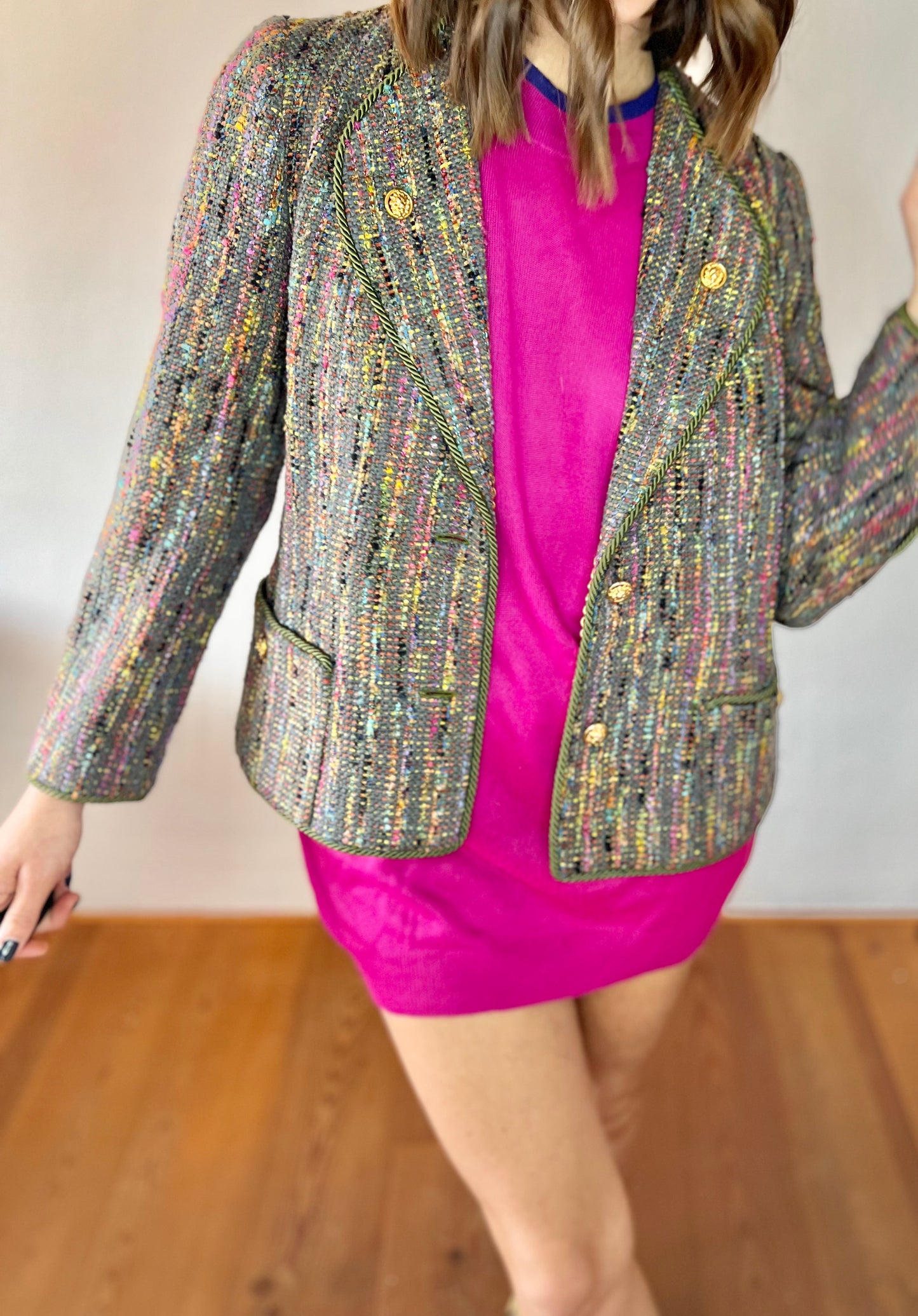 1970's vintage rainbow boucle blazer with lion buttons