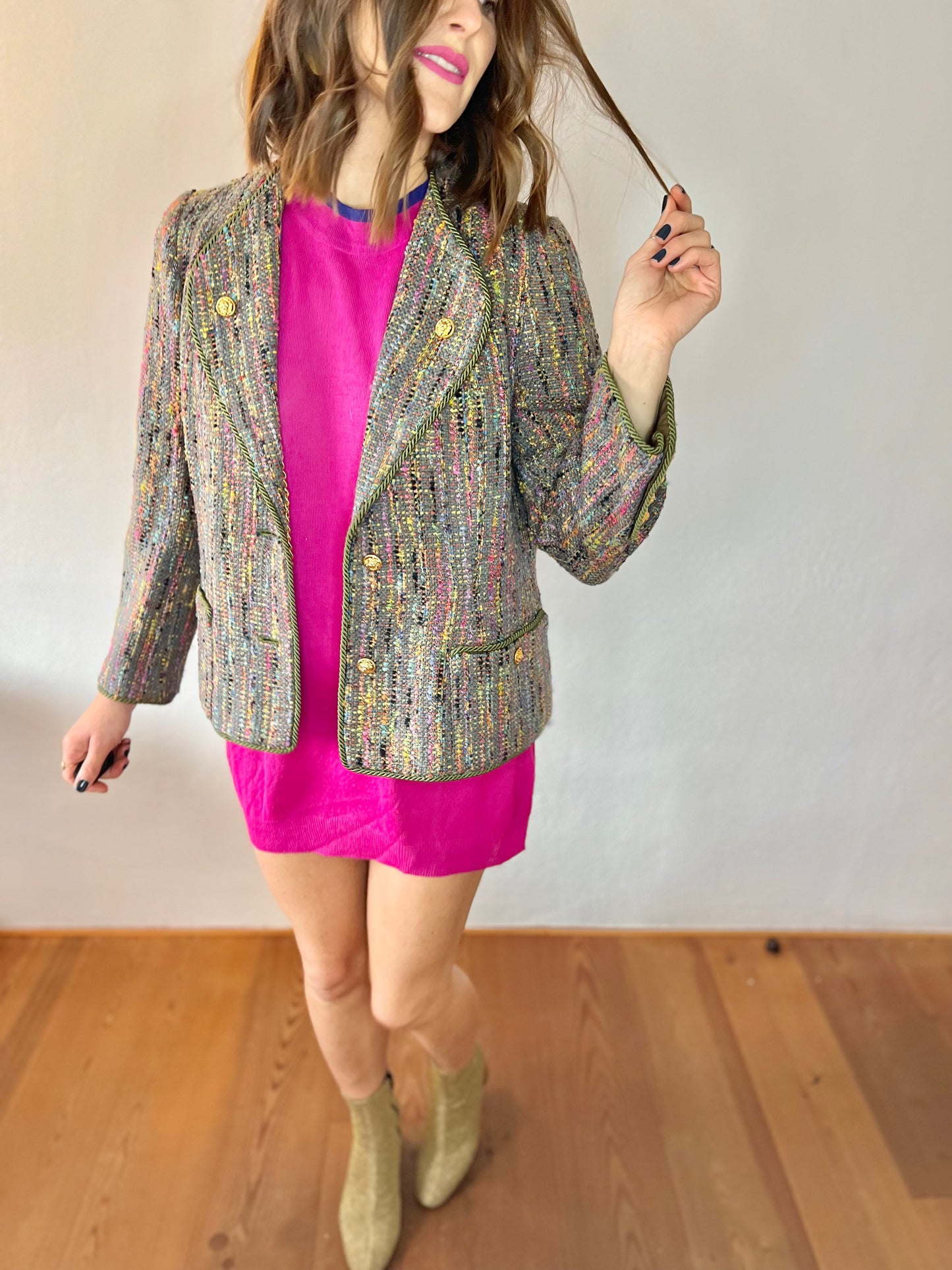 1970's vintage rainbow boucle blazer with lion buttons