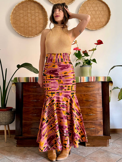 1970's vintage pink and orange tie dye effect mermaid cut maxi skirt