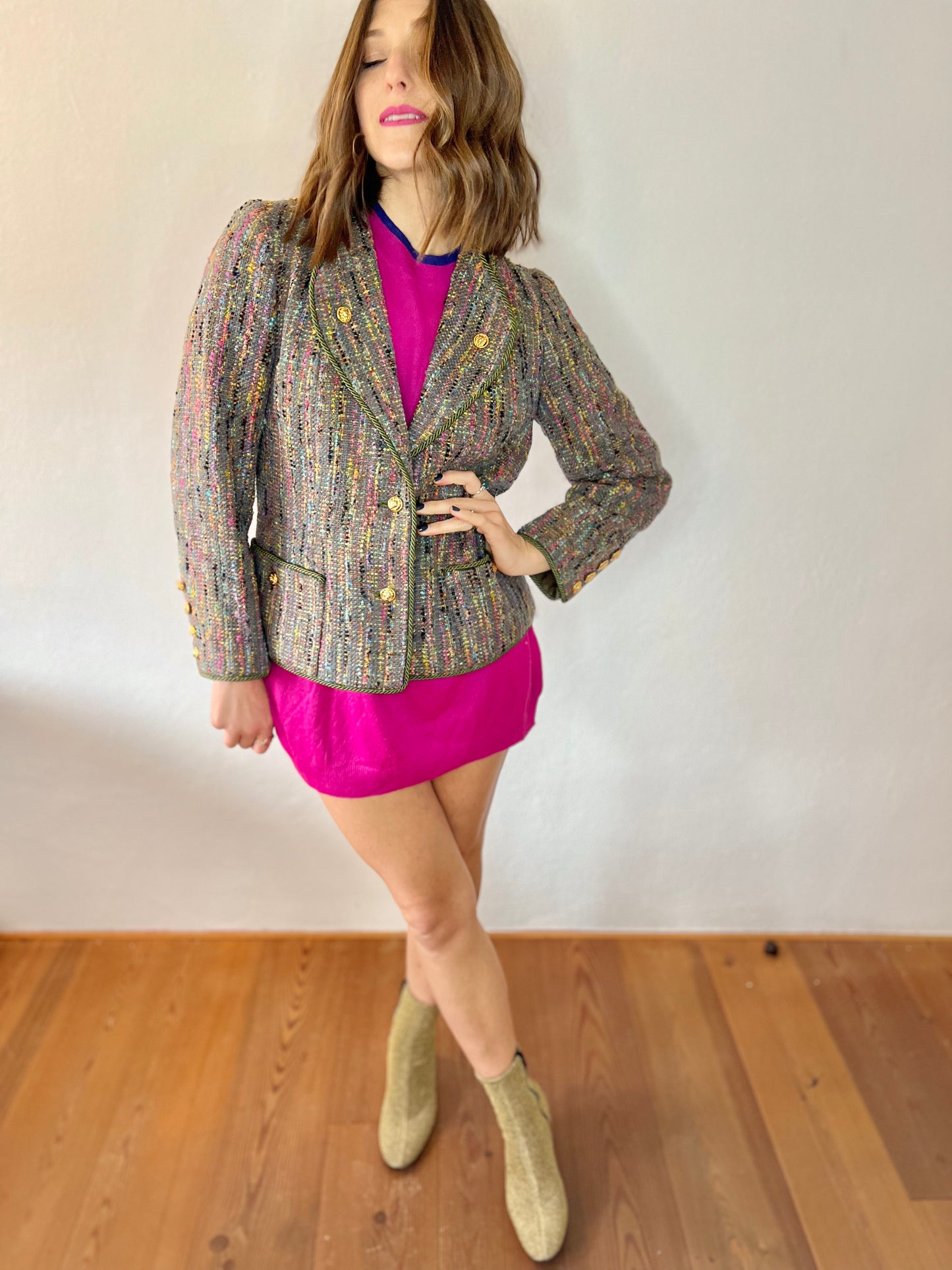 1970's vintage rainbow boucle blazer with lion buttons