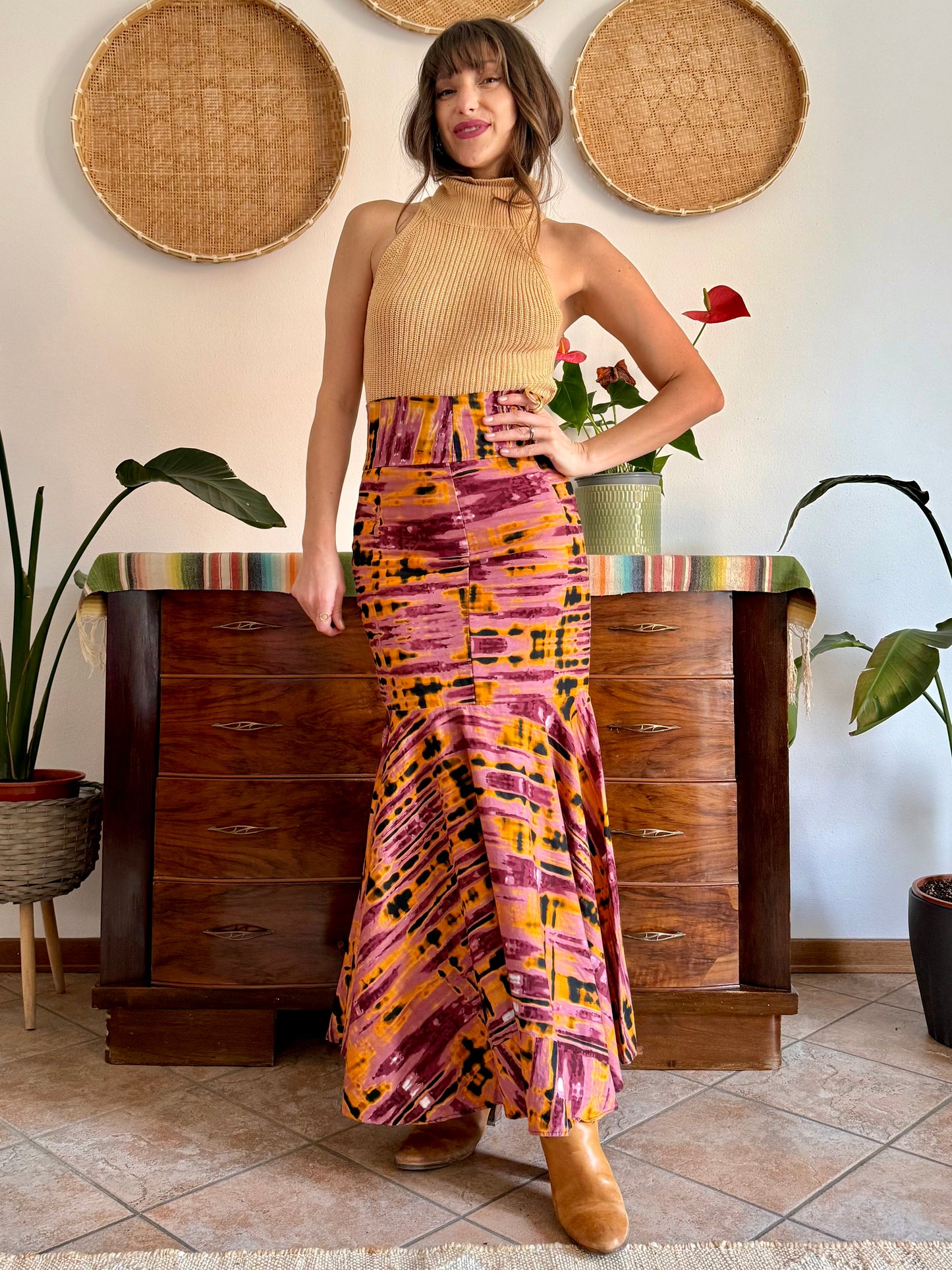 1970's vintage pink and orange tie dye effect mermaid cut maxi skirt