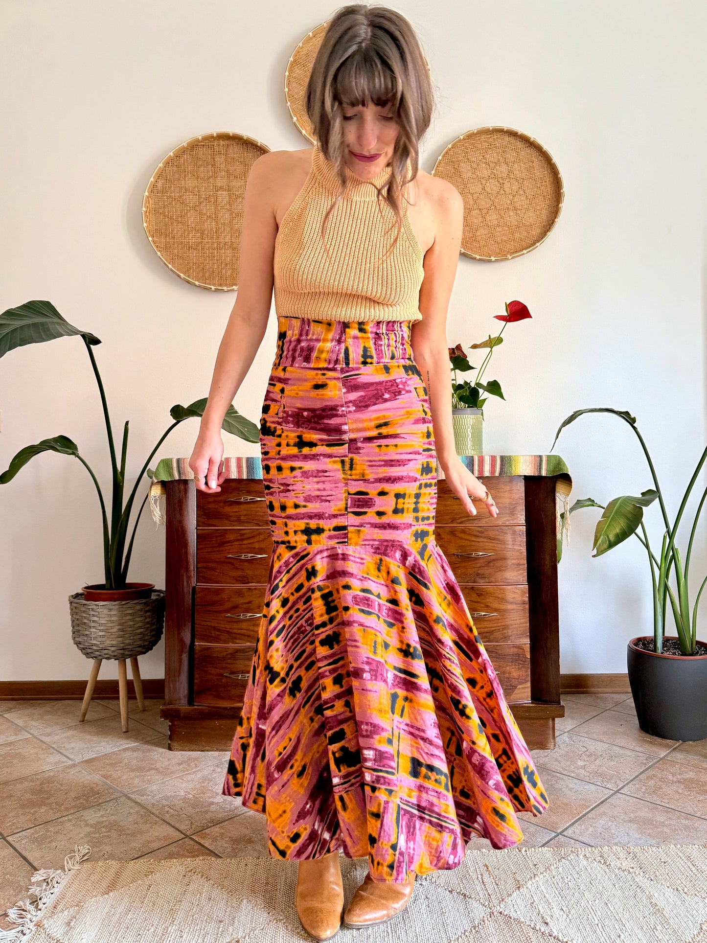 1970's vintage pink and orange tie dye effect mermaid cut maxi skirt