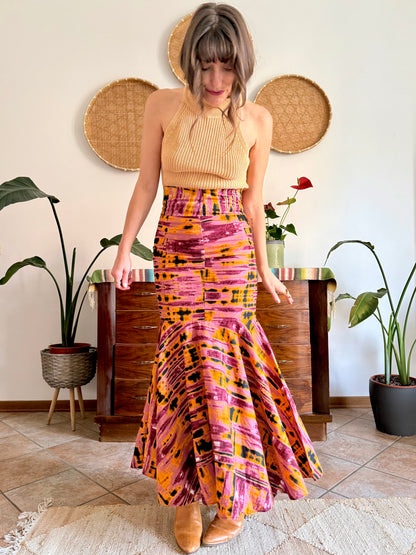 1970's vintage pink and orange tie dye effect mermaid cut maxi skirt