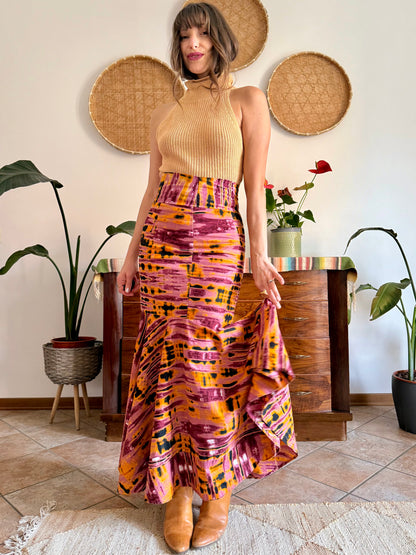 1970's vintage pink and orange tie dye effect mermaid cut maxi skirt