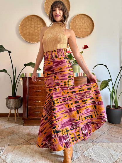 1970's vintage pink and orange tie dye effect mermaid cut maxi skirt