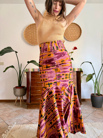 1970's vintage pink and orange tie dye effect mermaid cut maxi skirt