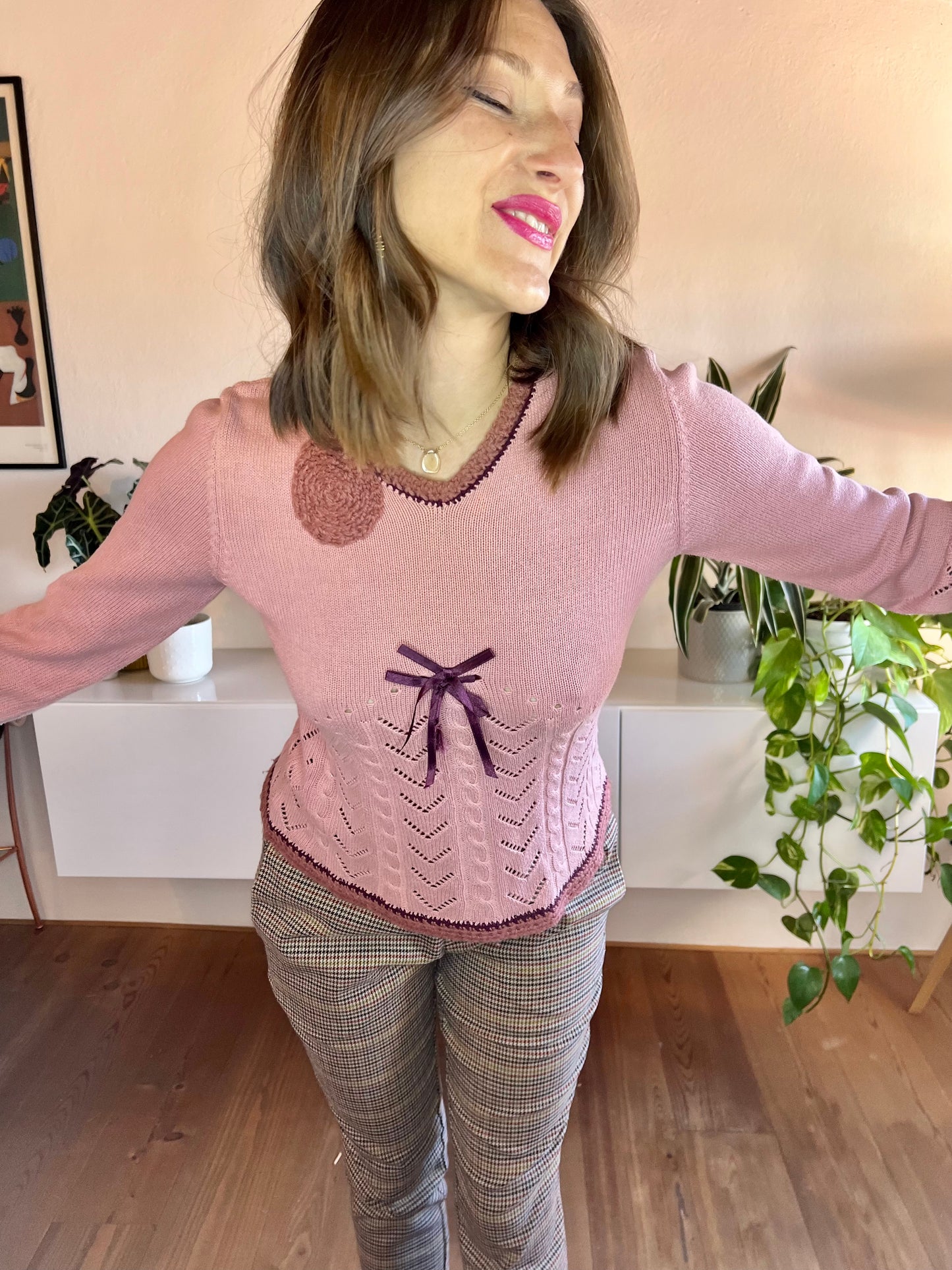 1990's vintage pink and purple knit bell sleeve pullover