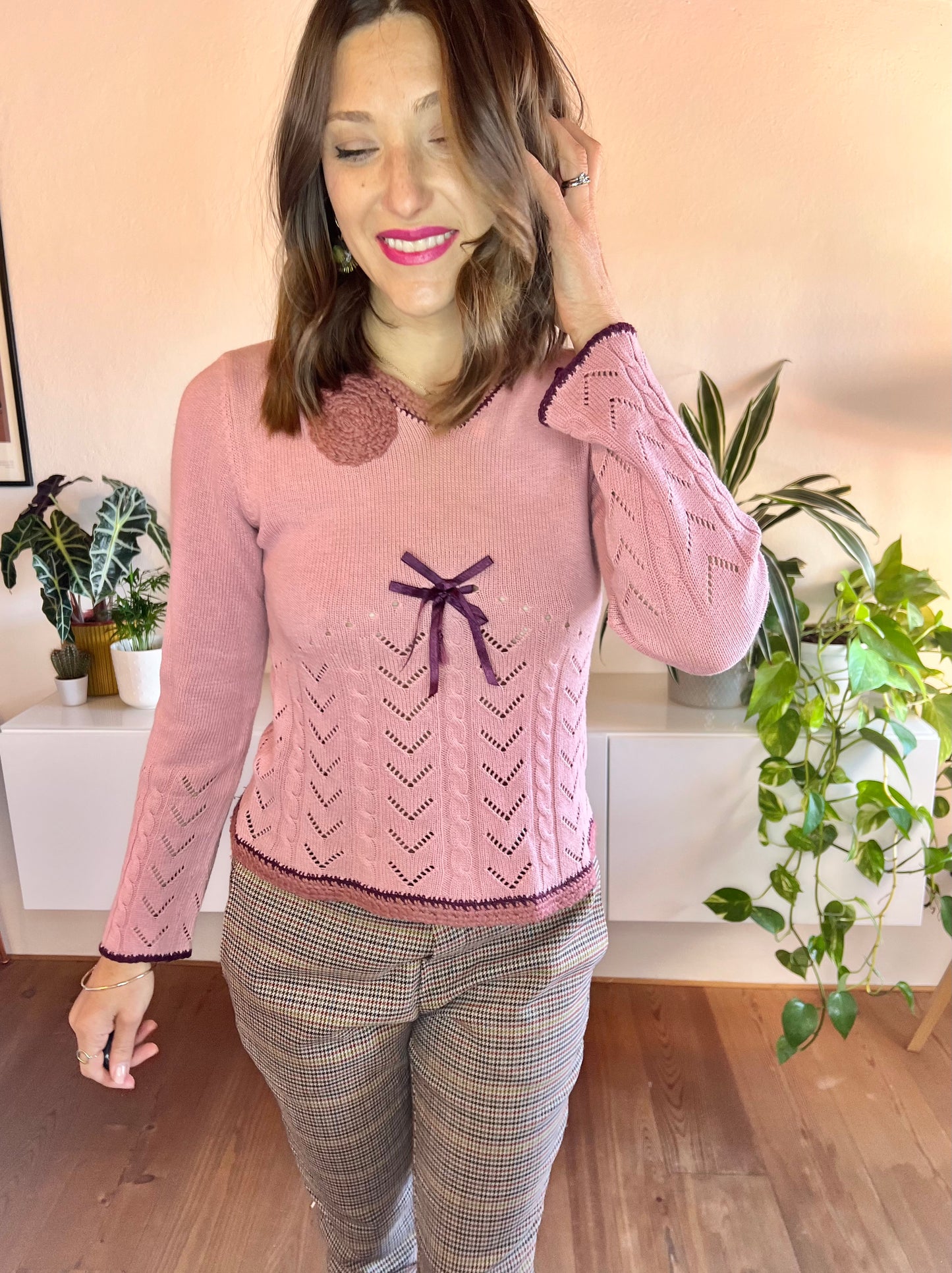 1990's vintage pink and purple knit bell sleeve pullover