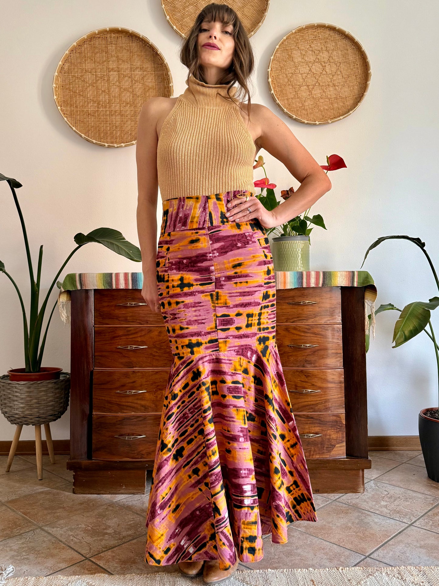 1970's vintage pink and orange tie dye effect mermaid cut maxi skirt