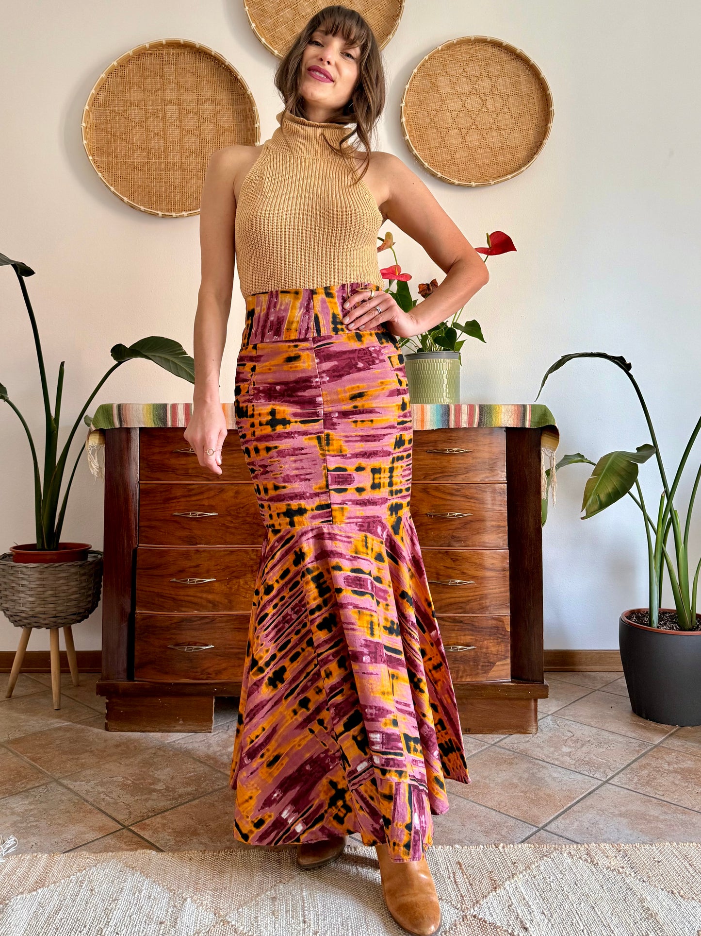 1970's vintage pink and orange tie dye effect mermaid cut maxi skirt