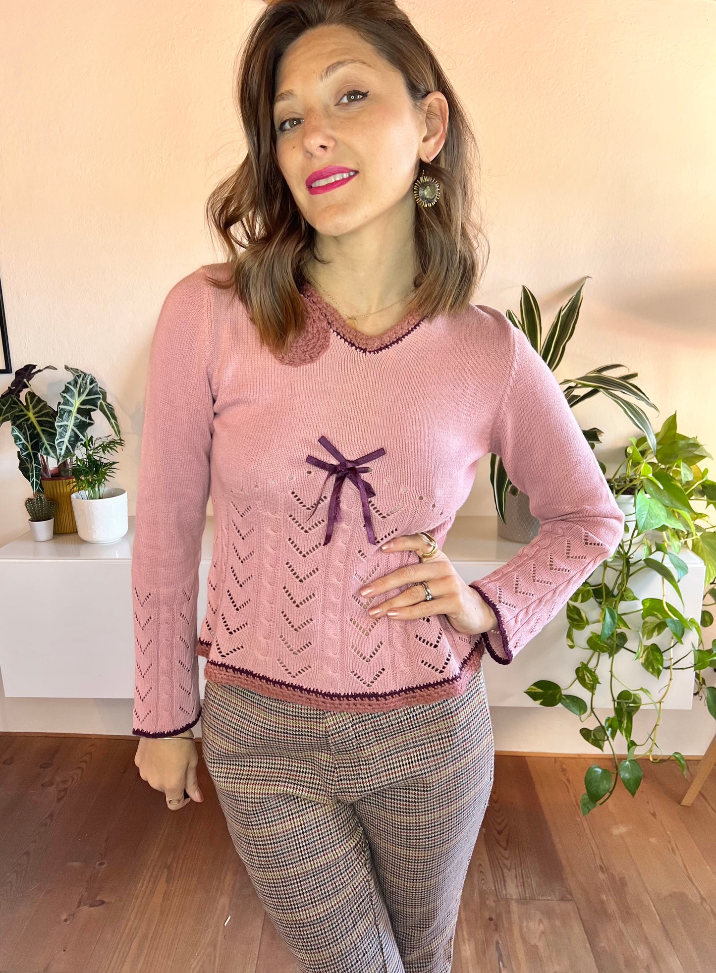 1990's vintage pink and purple knit bell sleeve pullover