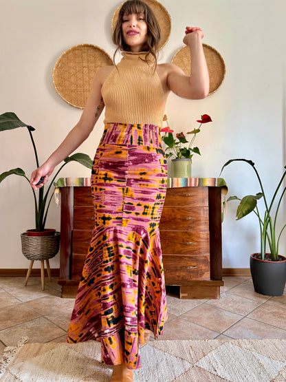 1970's vintage pink and orange tie dye effect mermaid cut maxi skirt