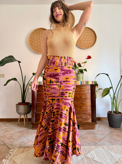 1970's vintage pink and orange tie dye effect mermaid cut maxi skirt