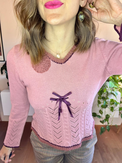 1990's vintage pink and purple knit bell sleeve pullover