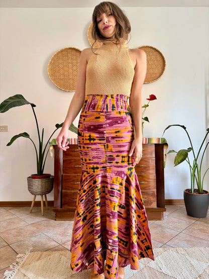 1970's vintage pink and orange tie dye effect mermaid cut maxi skirt