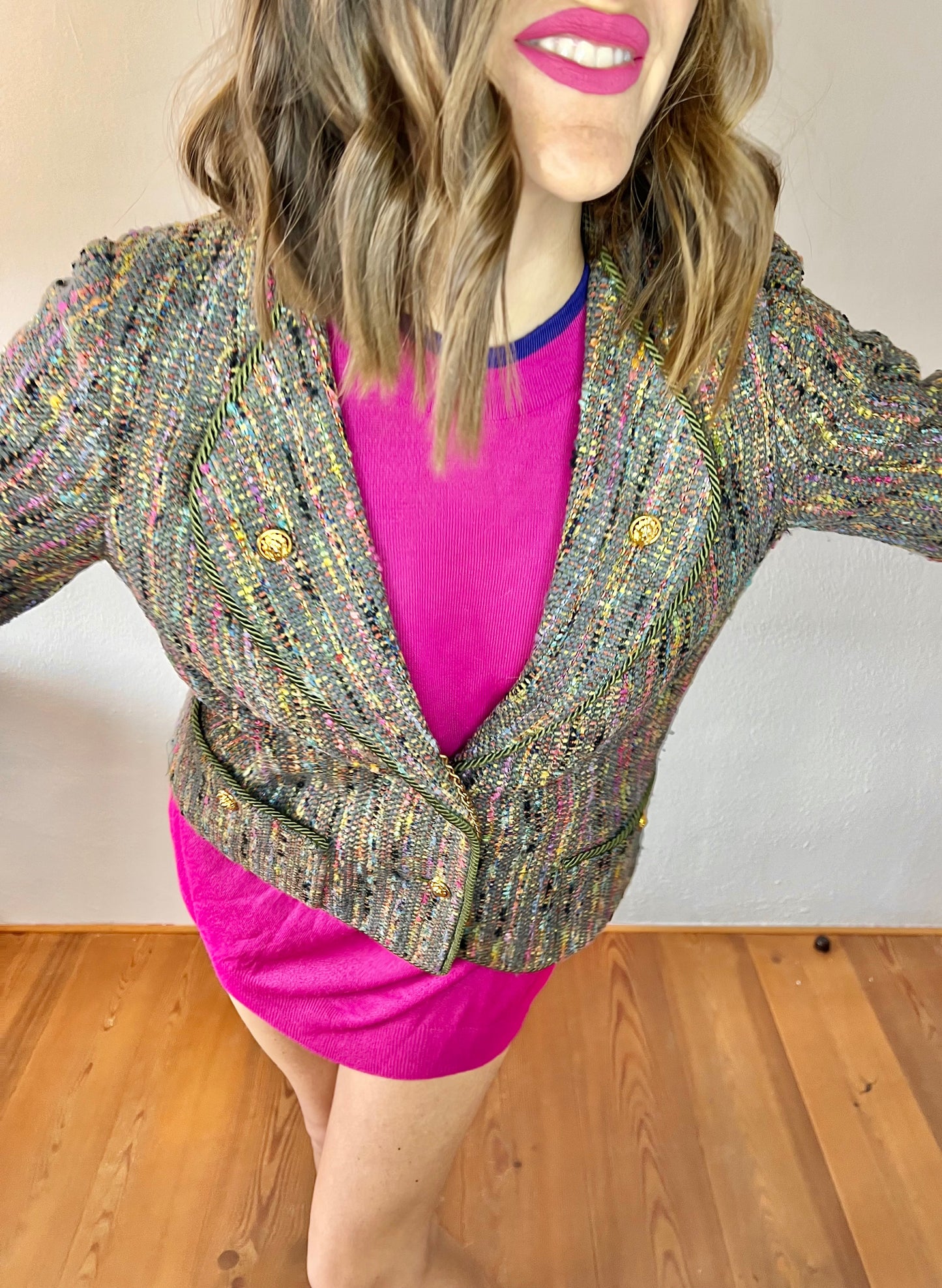 1970's vintage rainbow boucle blazer with lion buttons