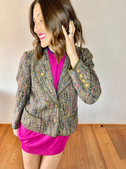 1970's vintage rainbow boucle blazer with lion buttons