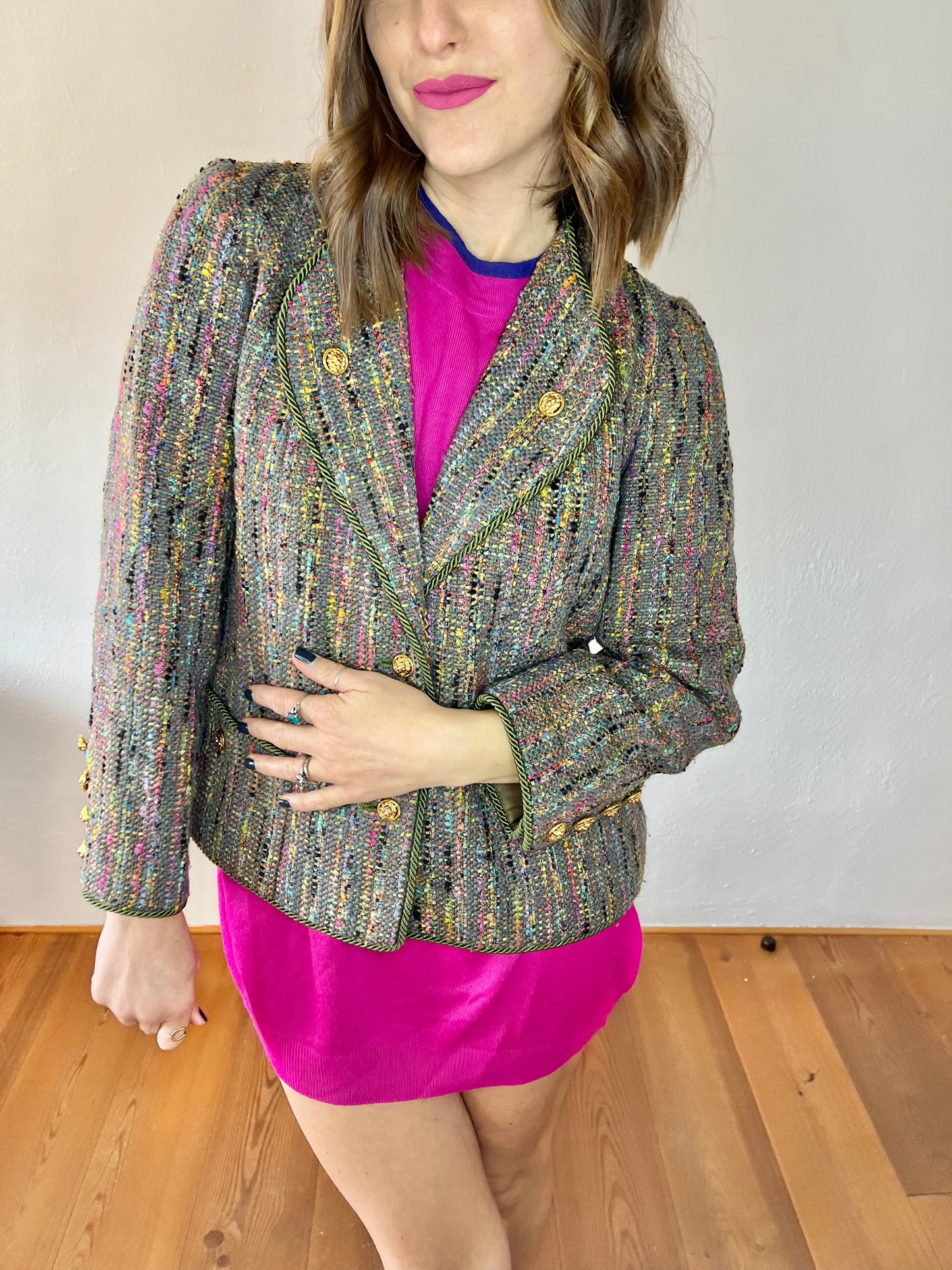 1970's vintage rainbow boucle blazer with lion buttons