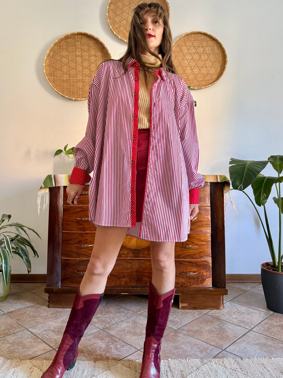 1990's vintage cherry red and white vertical stripe shirt with red and white polkadot trim