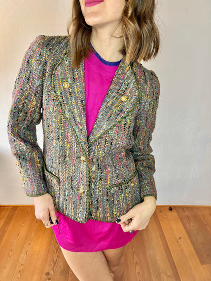 1970's vintage rainbow boucle blazer with lion buttons