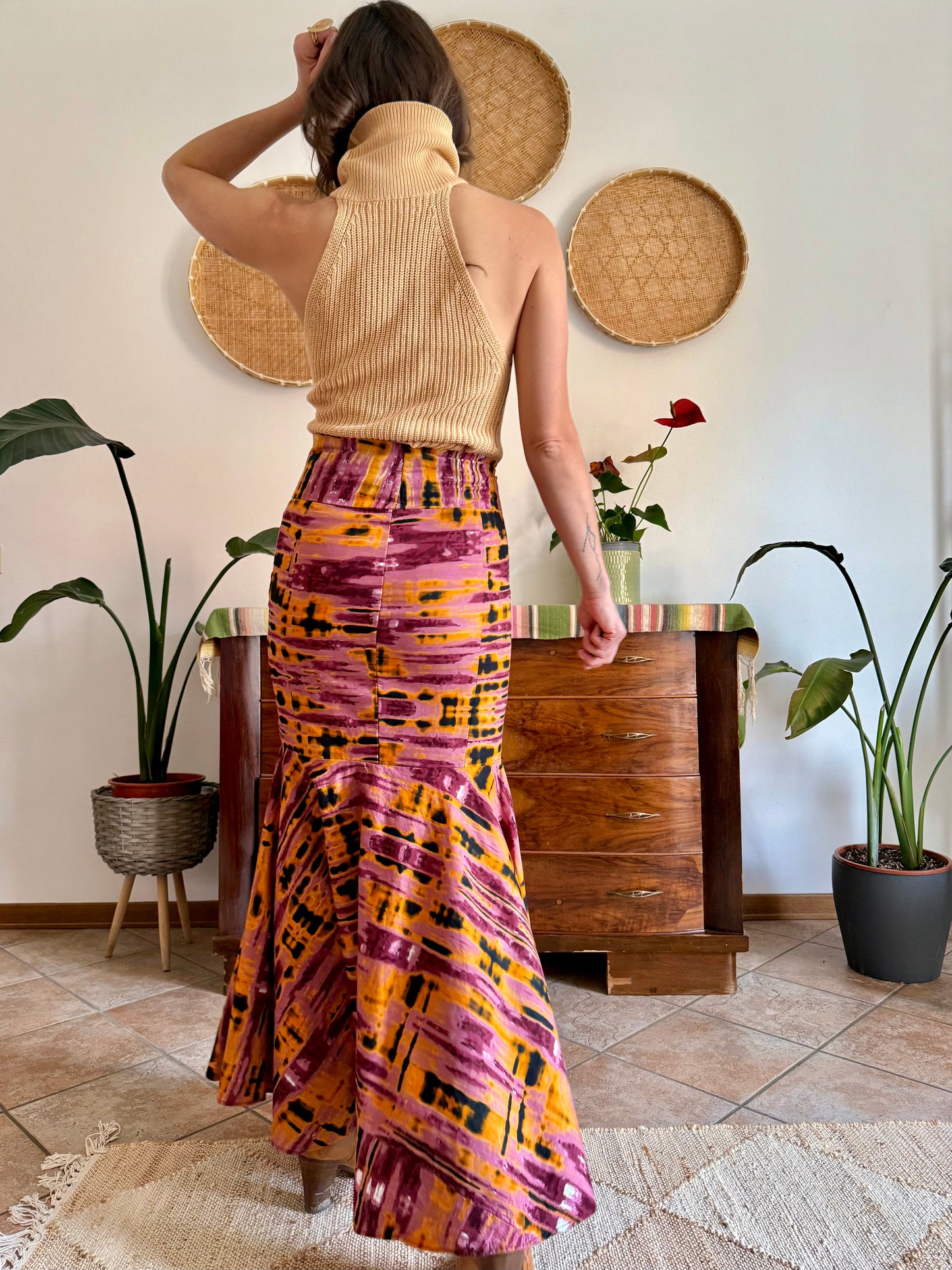 1970's vintage pink and orange tie dye effect mermaid cut maxi skirt