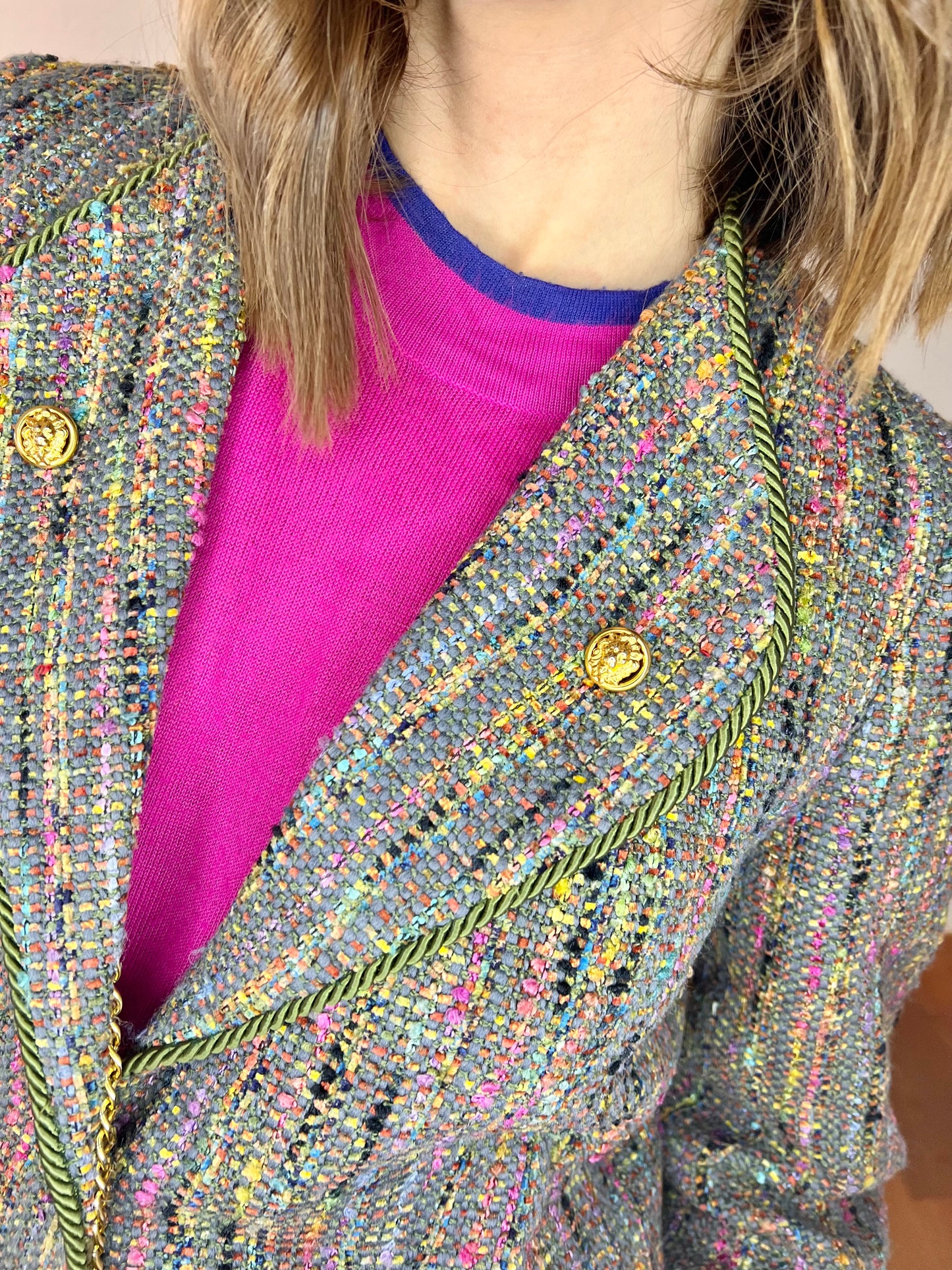 1970's vintage rainbow boucle blazer with lion buttons