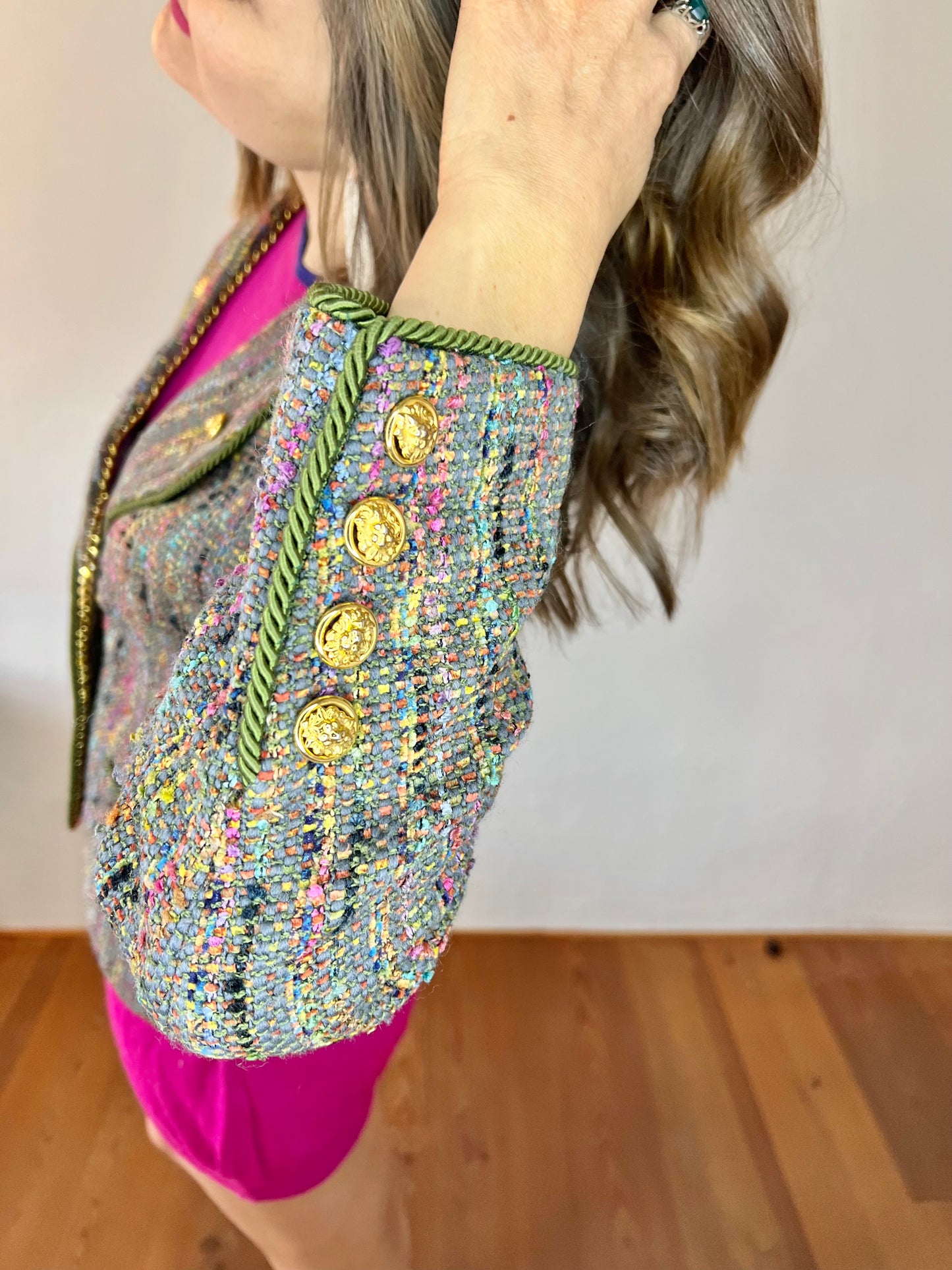 1970's vintage rainbow boucle blazer with lion buttons