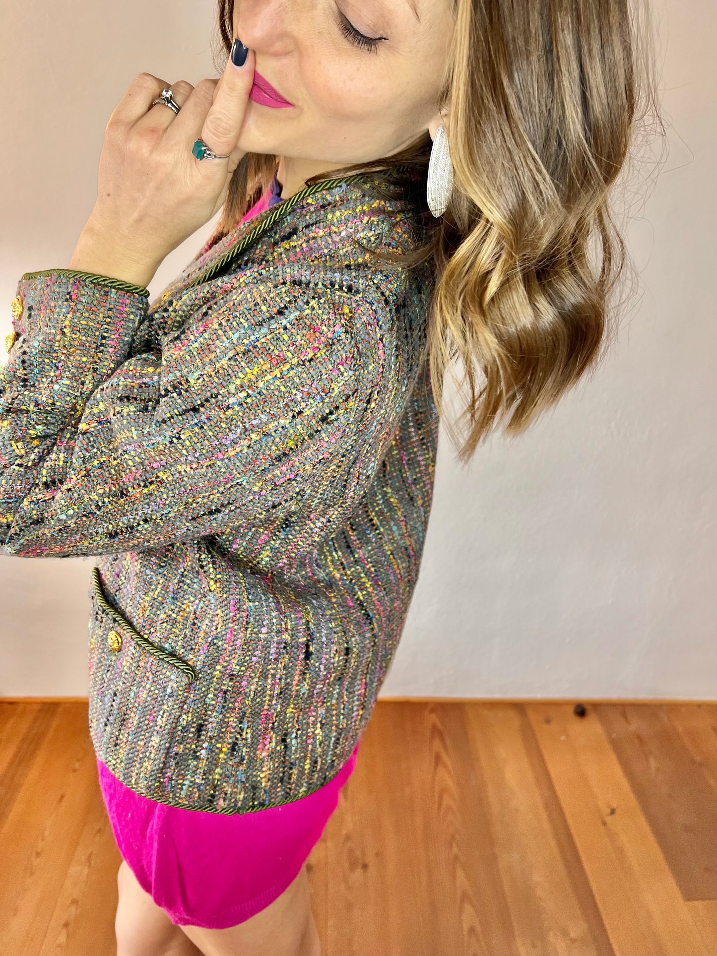 1970's vintage rainbow boucle blazer with lion buttons