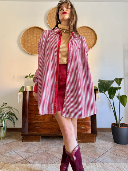 1990's vintage cherry red and white vertical stripe shirt with red and white polkadot trim