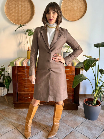 1970's vintage brown wool coat with black piping detail and paisley satin lining