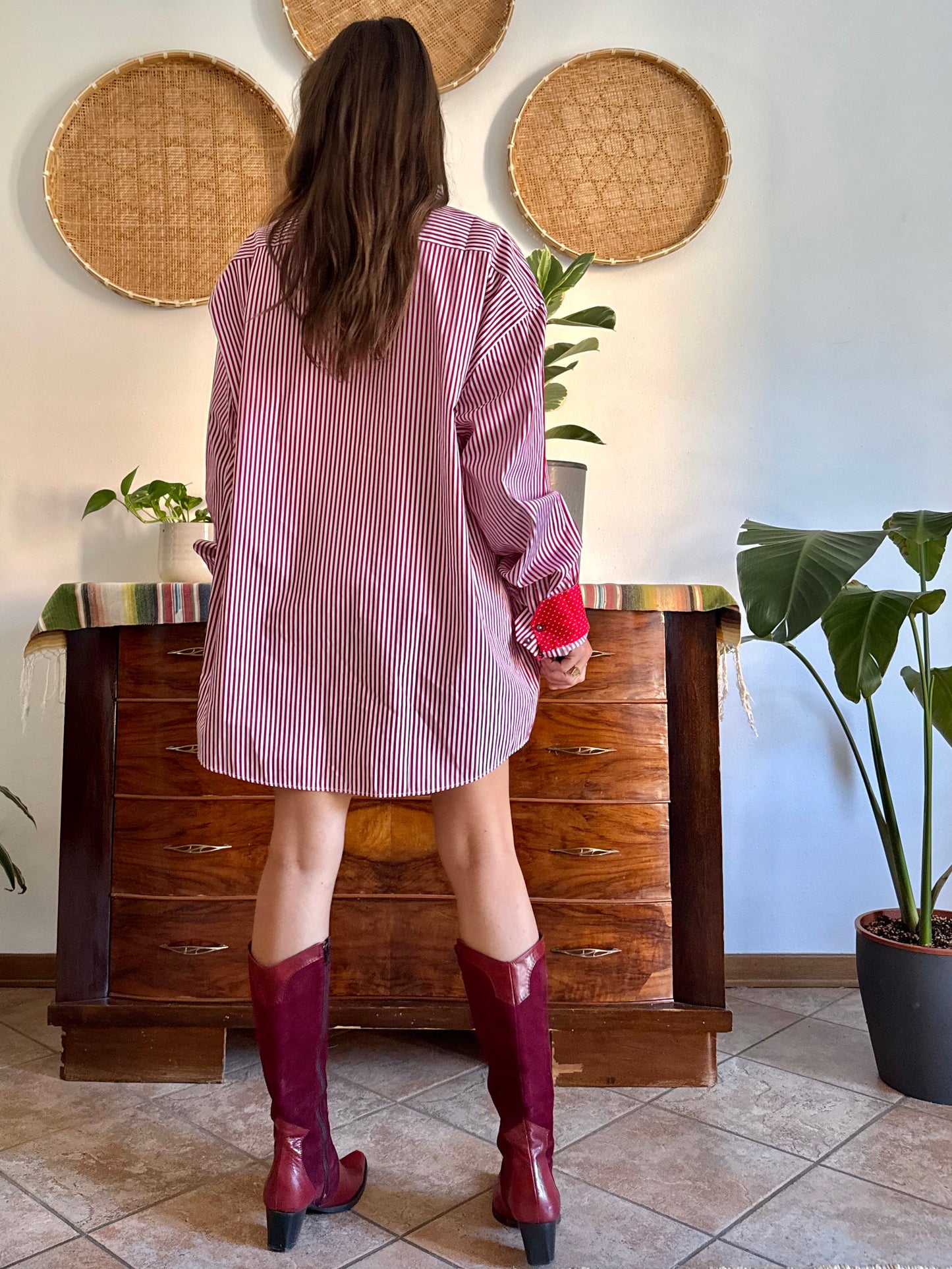 1990's vintage cherry red and white vertical stripe shirt with red and white polkadot trim