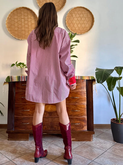 1990's vintage cherry red and white vertical stripe shirt with red and white polkadot trim