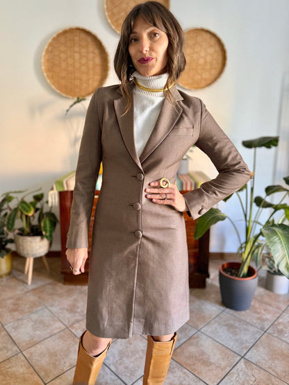 1970's vintage brown wool coat with black piping detail and paisley satin lining