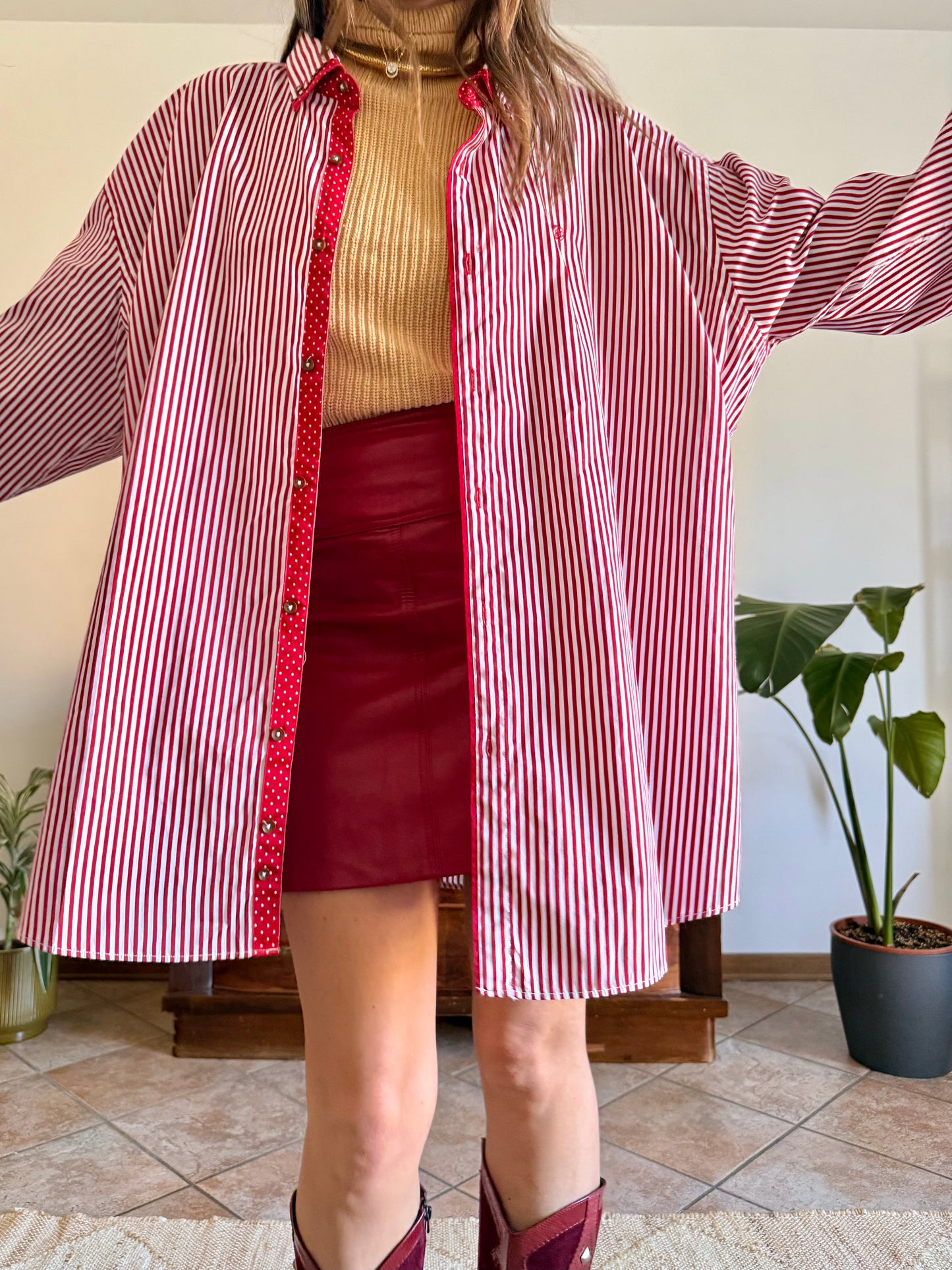 1990's vintage cherry red and white vertical stripe shirt with red and white polkadot trim