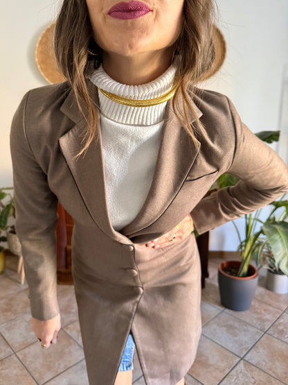 1970's vintage brown wool coat with black piping detail and paisley satin lining