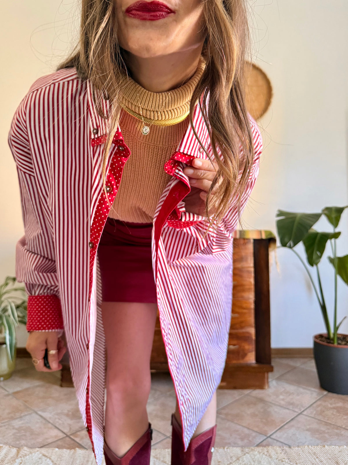 1990's vintage cherry red and white vertical stripe shirt with red and white polkadot trim