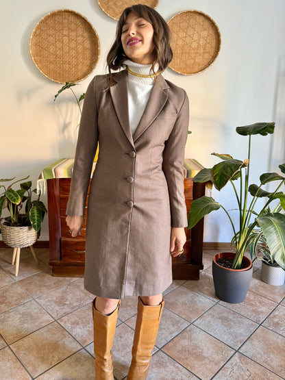 1970's vintage brown wool coat with black piping detail and paisley satin lining