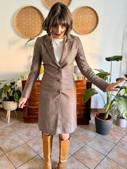 1970's vintage brown wool coat with black piping detail and paisley satin lining