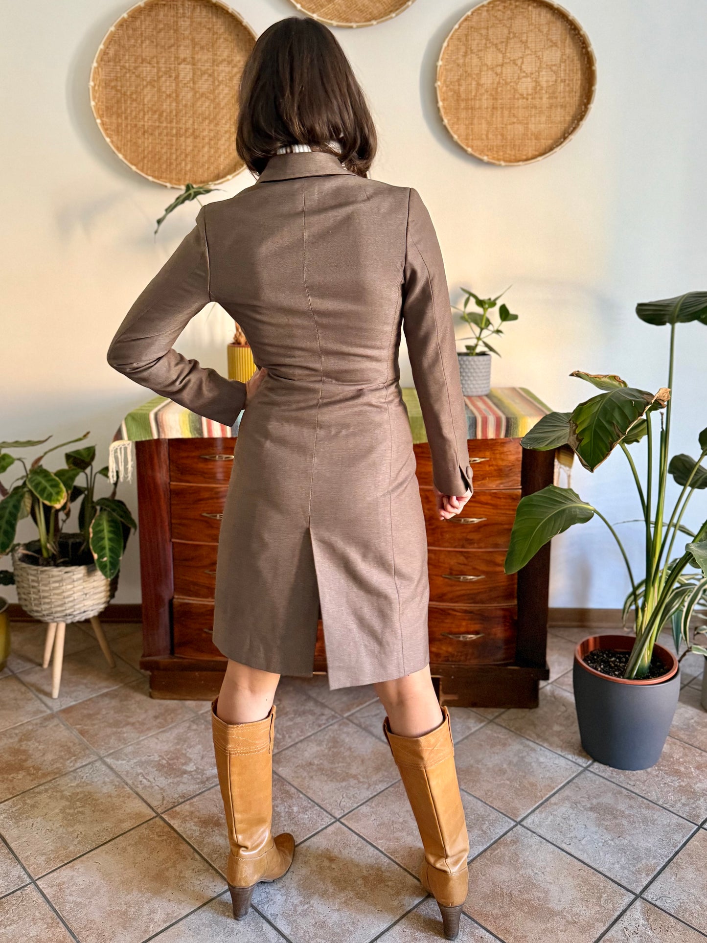 1970's vintage brown wool coat with black piping detail and paisley satin lining