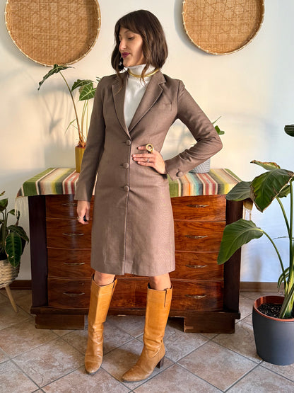 1970's vintage brown wool coat with black piping detail and paisley satin lining