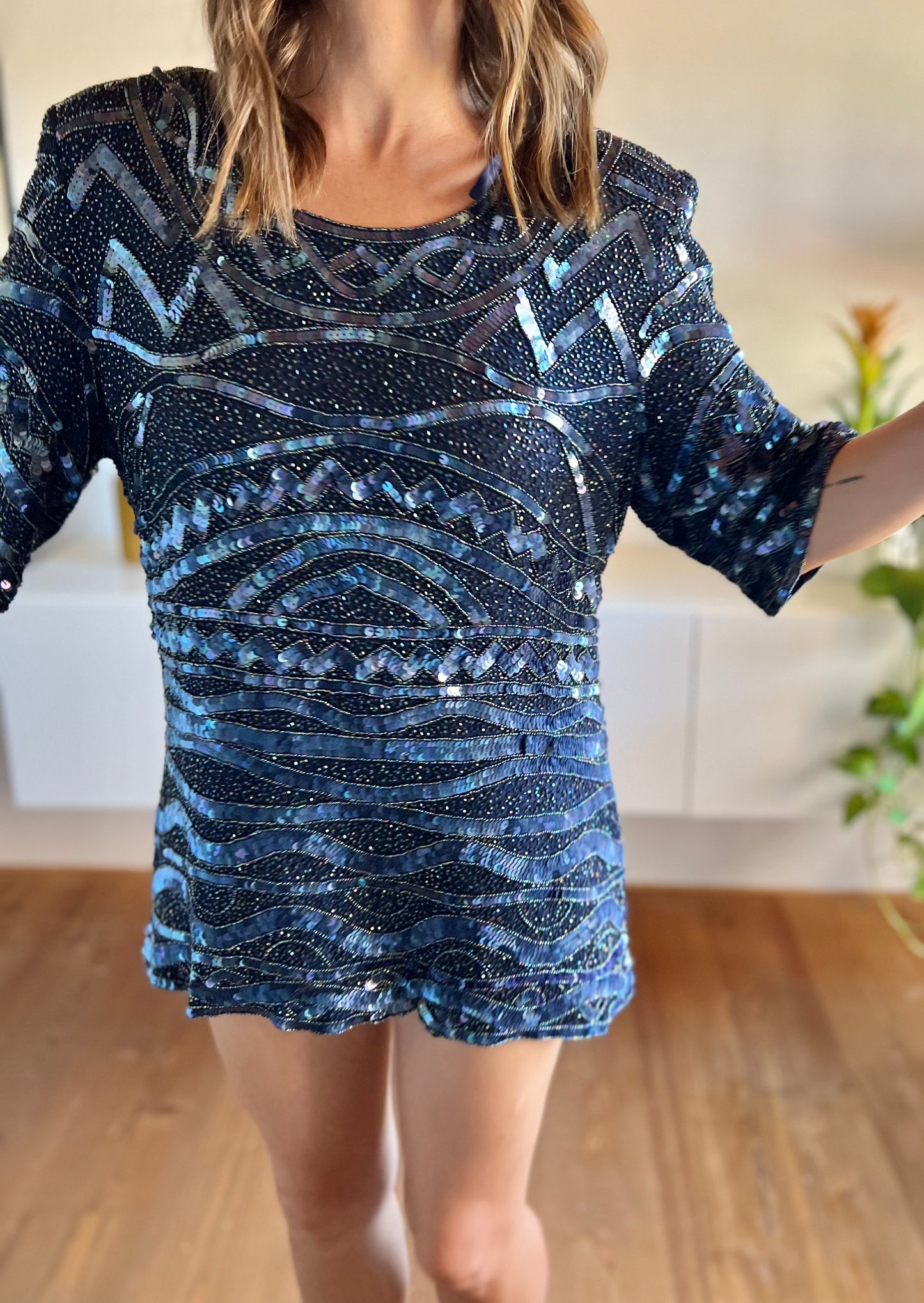 1970's vintage navy blue silk and sequin mini dress