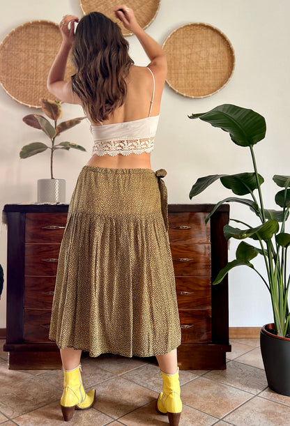 1970's vintage pale yellow and chocolate brown floral low rise midi skirt