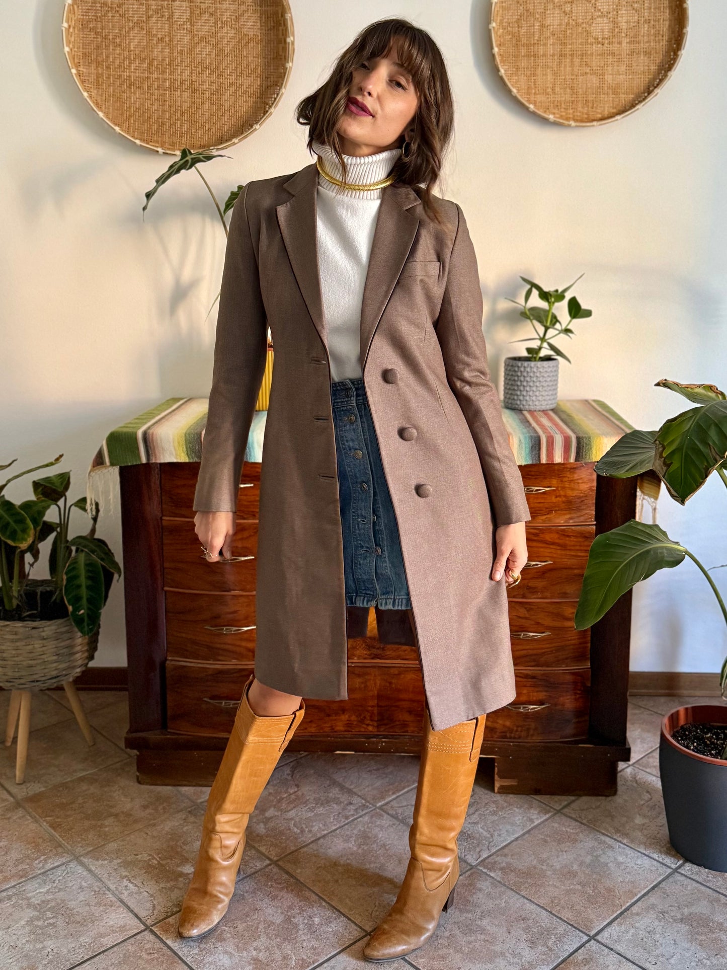 1970's vintage brown wool coat with black piping detail and paisley satin lining
