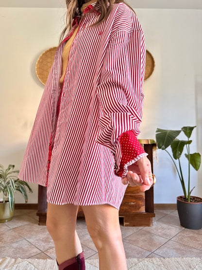 1990's vintage cherry red and white vertical stripe shirt with red and white polkadot trim