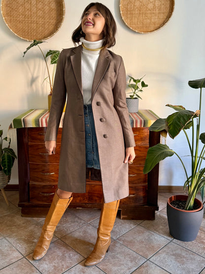 1970's vintage brown wool coat with black piping detail and paisley satin lining