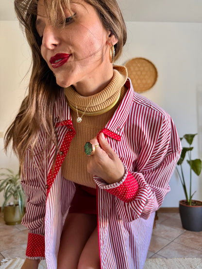 1990's vintage cherry red and white vertical stripe shirt with red and white polkadot trim